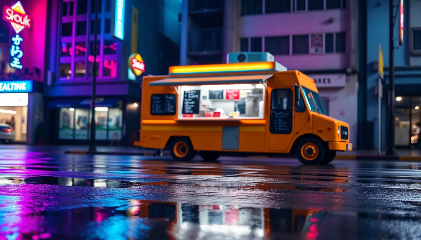 This striking image showcases a colorful food truck illuminated by neon signs on a rainy night. The reflection of vibrant colors dances on the wet pavement, creating a captivating urban scene. The focus on the truck emphasizes its artistic chalkboard menu and unique design, while the surrounding atmosphere hints at a lively street food experience. Rain droplets add an extra layer of texture, enhancing the mood of the night.