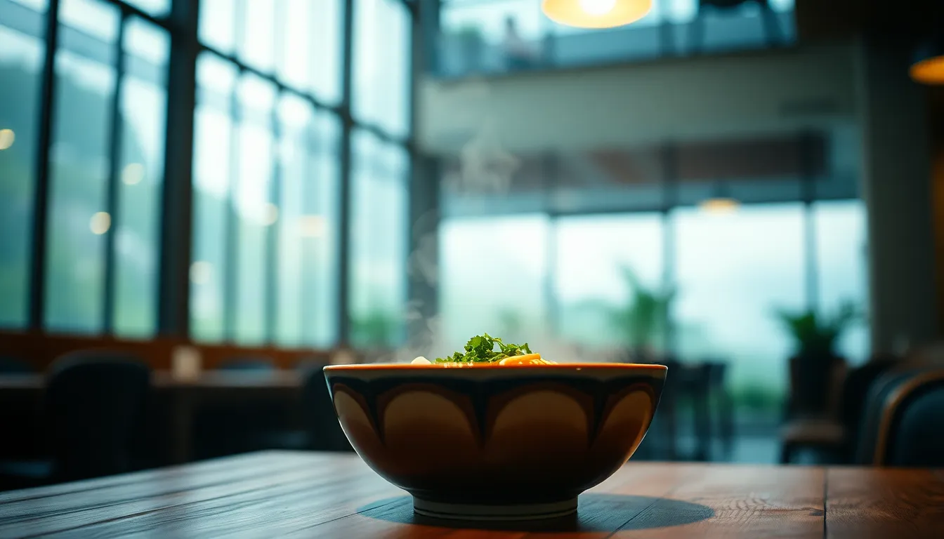 Steaming Bowl of Ramen in a Rustic Setting
