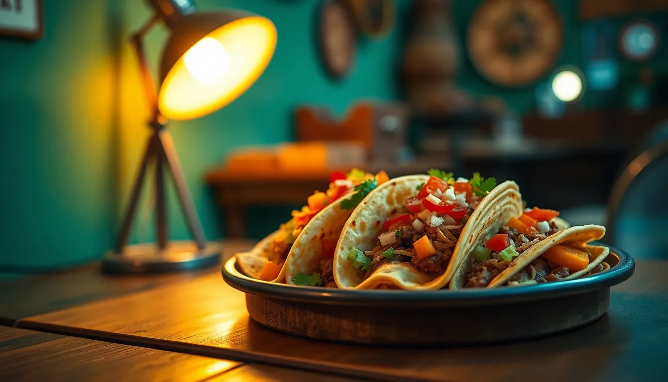 This image features a stylish arrangement of street tacos on a rustic wooden table, illuminated by the warm glow of a tungsten lamp. The cinematic teal and orange color grading enhances the inviting atmosphere while highlighting the vibrant garnishes atop the tacos. The shallow depth of field creates an elegant separation between the dish and the softly blurred background, drawing focus to the rich textures of the tortillas and fresh toppings. An enticing presentation for any food enthusiast.