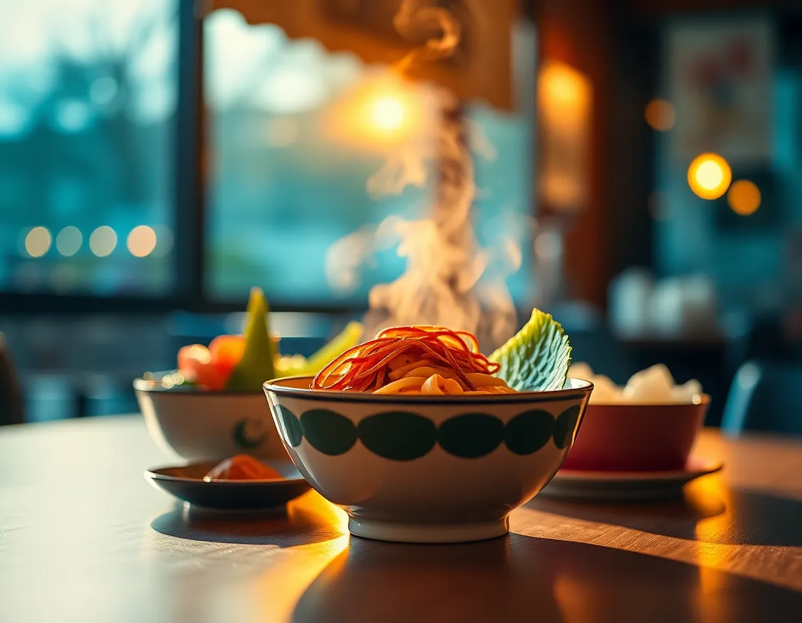 A steaming bowl of ramen sits elegantly on a dark wooden table, its warm colors highlighted by the golden hour's backlight. The steam rises in a dreamy manner, contrasting the cool background filled with blurred details. The image captures the essence of comfort food, inviting viewers to savor the delightful flavors of this street food specialty.