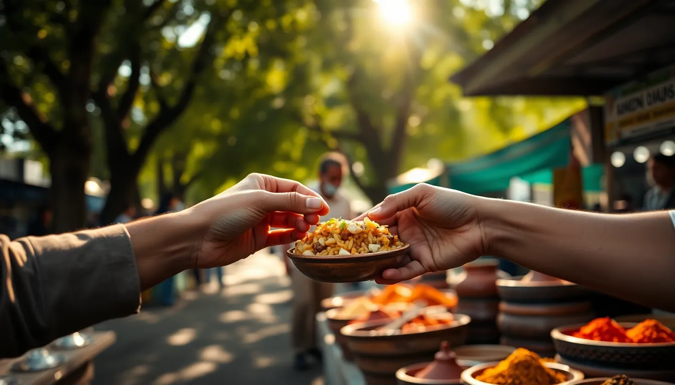 This image captures a moment of connection as two hands share a traditional street dish at a vibrant market. Dappled sunlight filters through the tree canopy, creating enchanting bokeh highlights around the bustling scene. The muted earth tones of the clay bowls contrast beautifully with the colorful spices arranged around them. The selective focus draws attention to the shared dish, emphasizing the communal aspect of street food culture.