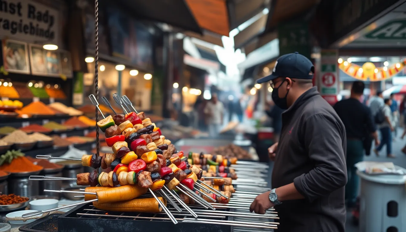 In a lively street market, a vendor expertly grills an array of colorful skewers of meat and vegetables, surrounded by bustling stalls filled with spices and fresh produce. The soft overcast light creates a dreamy atmosphere while ensuring every detail is crisply captured. The composition invites the viewer's eye to explore the scene, celebrating the vibrancy and diversity of street food culture.
