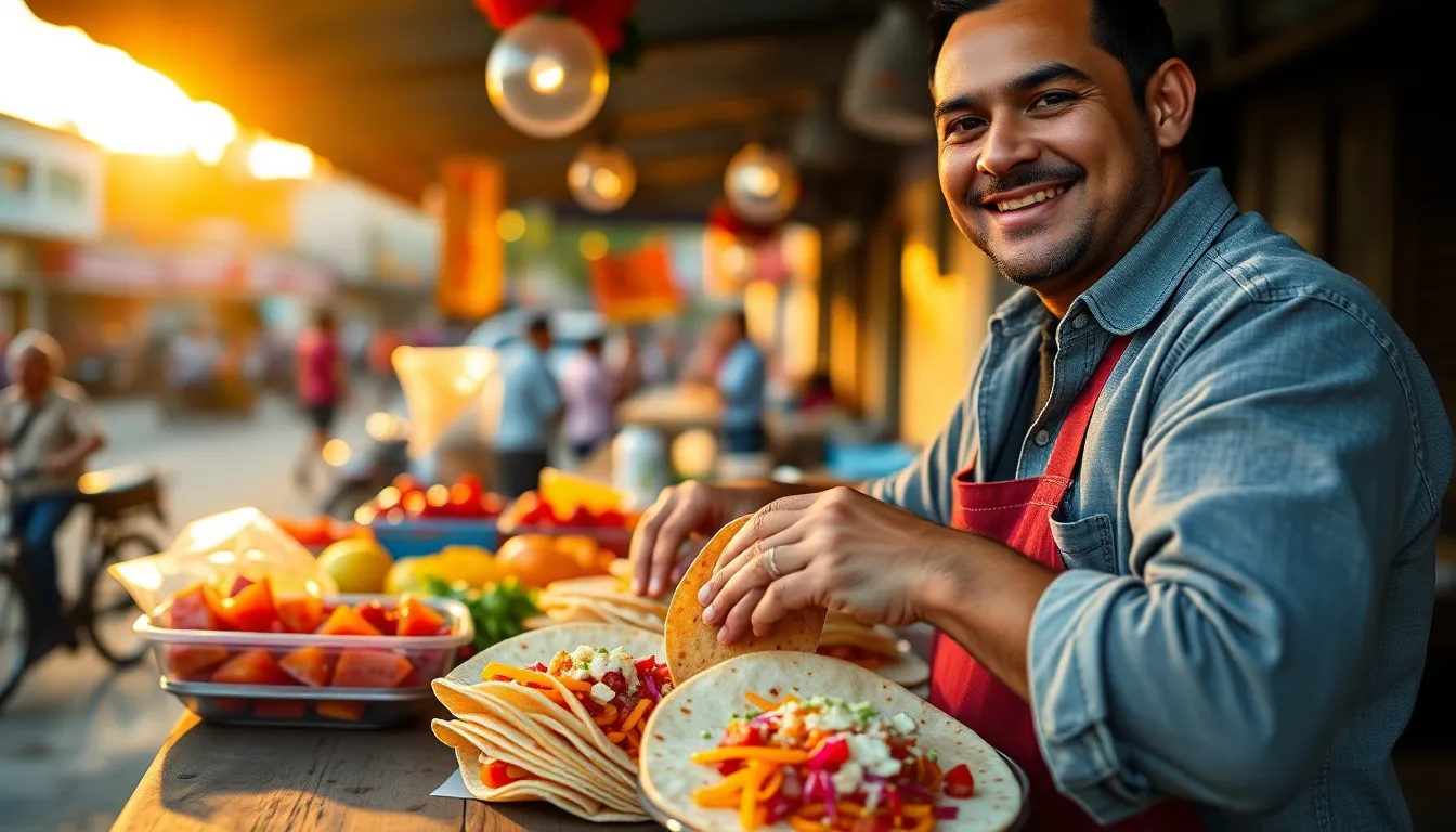 This image captures a lively taco stand during the golden hour, with the golden light accentuating the fresh ingredients. The vendor smiles warmly as they serve colorful tacos on rustic wooden plates. The bustling street life fades into soft bokeh behind, emphasizing the rich colors of the food. The warm tones and intricate details create an inviting atmosphere, perfect for any street food lover.