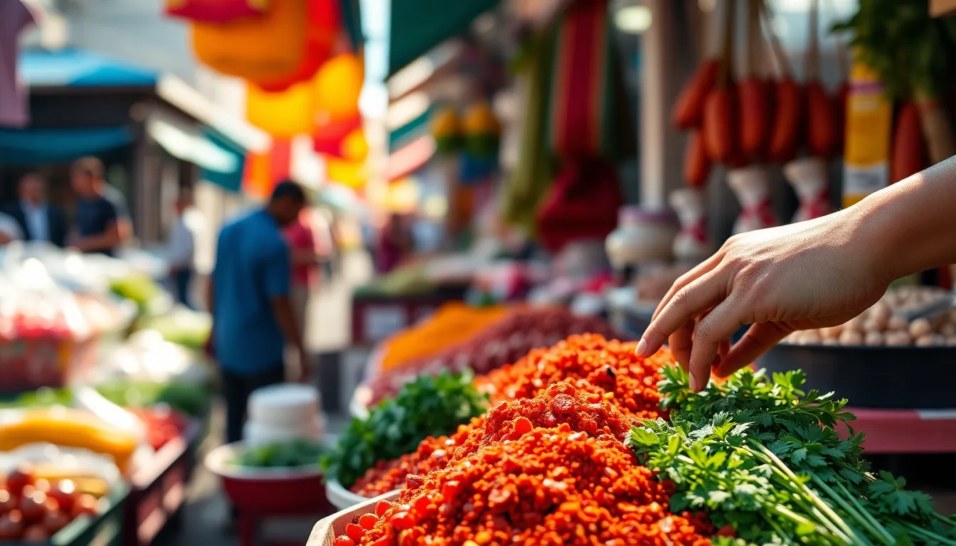 A vibrant street food market scene captures a vendor's hand delicately arranging fresh ingredients, with vibrant natural daylight pouring in. The rich colors echo Fujifilm Velvia's vivid reds and greens, while the bustling market is blurred in the background. This shot immerses viewers in a lively atmosphere, bringing the textures of fresh herbs, spices, and the energy of the morning market to life.