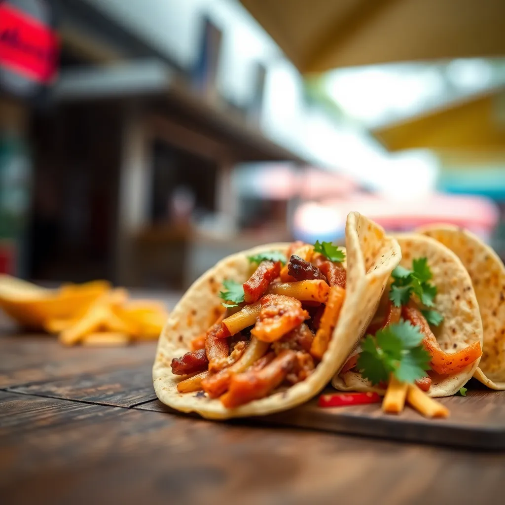 A close-up captures an arrangement of street tacos on a rustic wooden table, abundantly filled with colorful ingredients. Bright overcast daylight enhances the vivid colors, while selective focus reveals tantalizing textures and flavors. Inspired by Kodak Portra 400's warm tones, the composition elegantly places the tacos in the frame, inviting viewers to savor the delicious street food experience.