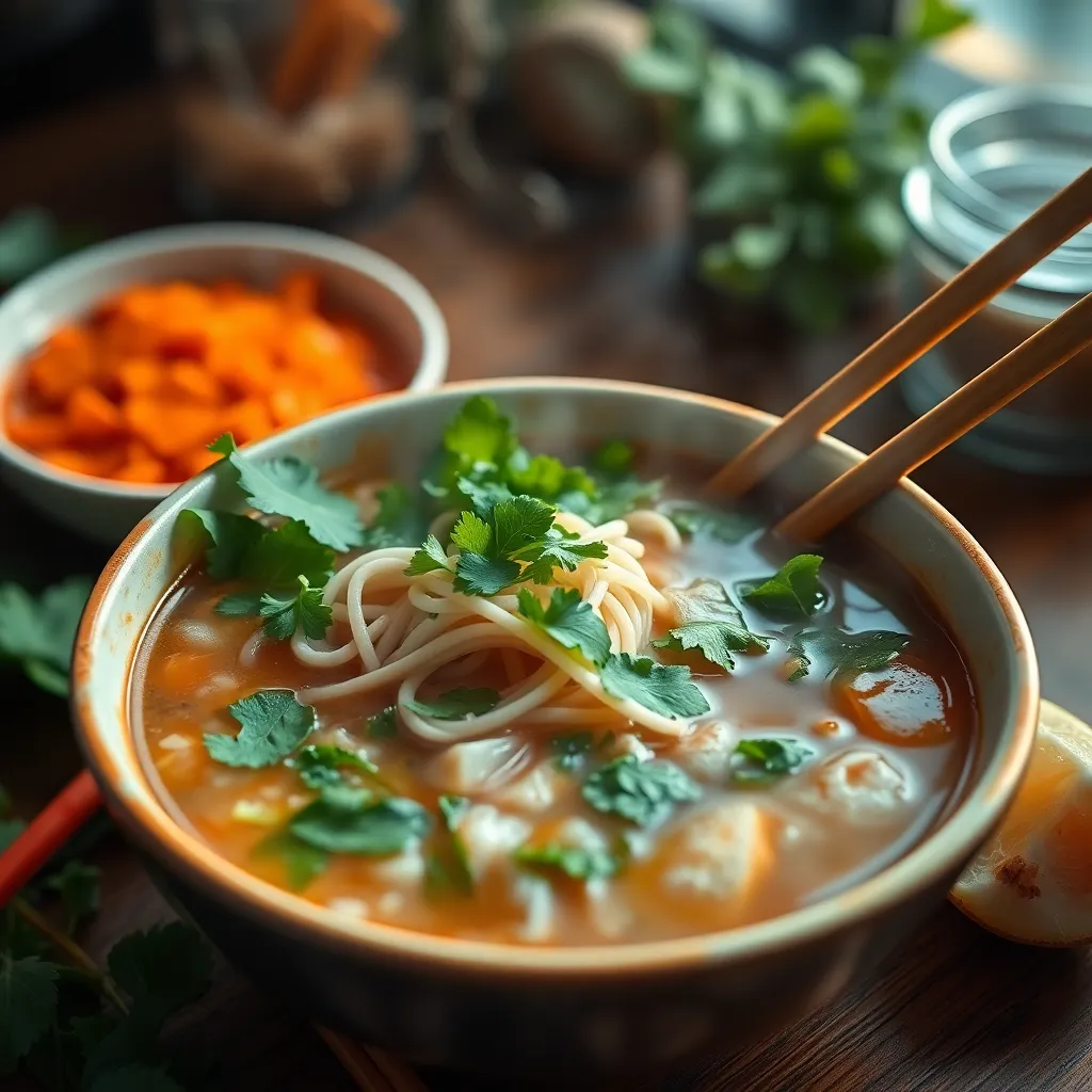 Close-Up of Steaming Pho Bowl with Fresh Garnishes