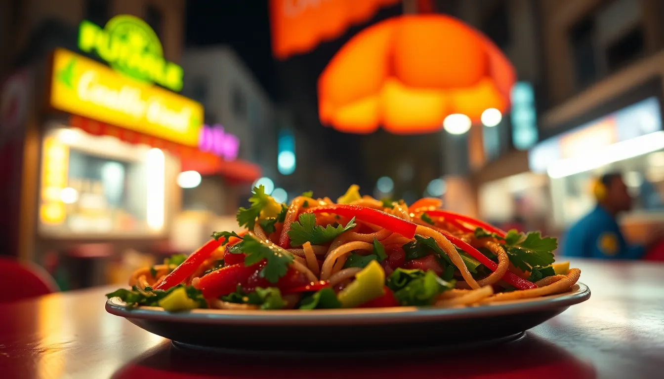 A beautifully arranged dish of street food is captured in this image, illuminated by warm tungsten light that accentuates its vibrant colors and textures. The intricate details of fresh ingredients are emphasized, making the food irresistible. The urban backdrop completes the setting, giving context to the culinary experience in a bustling city.