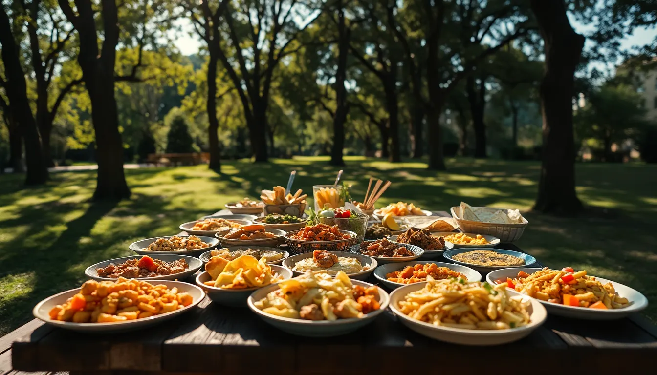 Set in a serene park, this image captures a picnic table overflowing with diverse street food dishes, bathed in dappled sunlight filtering through the trees. The hyperfocal depth of field ensures crispness throughout, while the natural muted tones evoke a rustic charm. The center-framed composition draws attention to the colorful dishes, beautifully contrasting with the wooden table's texture and the lush greenery surrounding it.