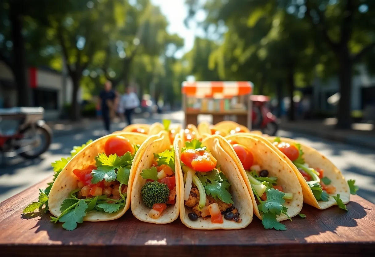 A vibrant display of street tacos arranged elegantly on a rustic wooden cart under dappled sunlight. The colors are vivid, highlighting the fresh ingredients of the tacos with lush greens and rich reds that pop. The composition draws the eye symmetrically to the delicious tacos, inviting viewers to experience the enticing flavors of street food.