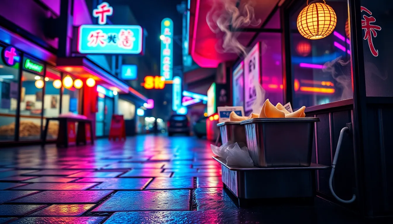 This captivating nighttime scene captures the allure of a street food stall illuminated by neon lights. The vibrant blue and magenta reflections dance on the wet pavement, drawing attention to the steaming dumplings being served. The striking composition and dynamic angle enhance the lively atmosphere of the nighttime market, inviting viewers to indulge in the experience.