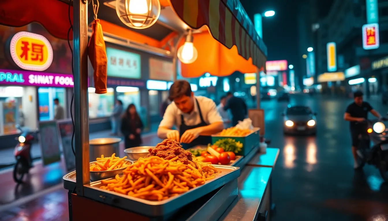 Neon Street Food Cart at Night