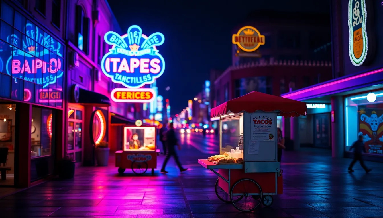 A vibrant taco cart stands out against a backdrop of colorful neon lights, reflecting beautifully on the wet pavement. The shallow depth of field creates a soft bokeh effect that draws attention to the cart, enhancing the lively atmosphere of the night market. The saturated colors capture the energy of the scene, evoking the excitement and vibrancy of street food culture after dark.