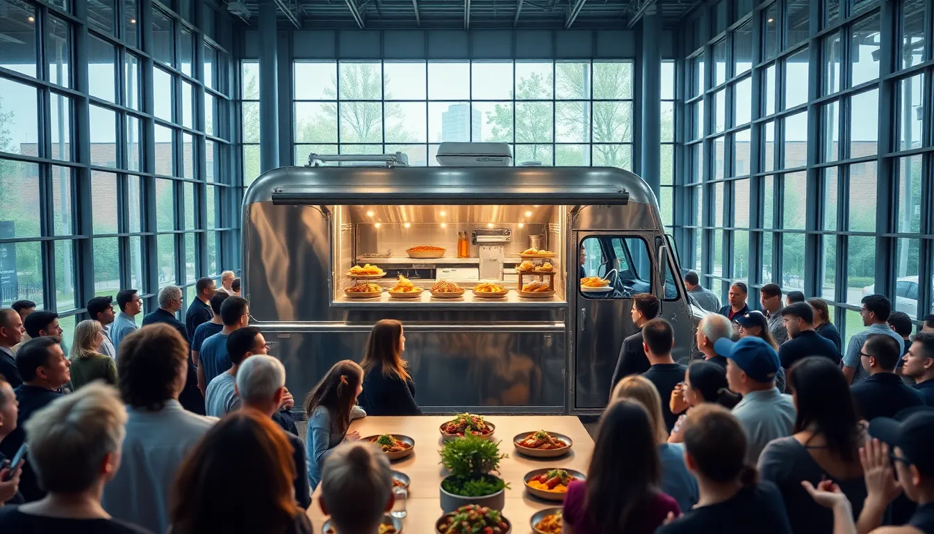 This image portrays a trendy gourmet food truck bustling with customers eagerly awaiting their orders. The overcast lighting enhances the rich colors of the food, showcasing delightful dishes presented in an appetizing manner. The truck's polished stainless steel exterior reflects the surroundings, adding to the vibrant atmosphere. The symmetrical composition naturally draws the viewer’s eye to the truck’s enticing offerings, making it an appealing capture for food lovers.