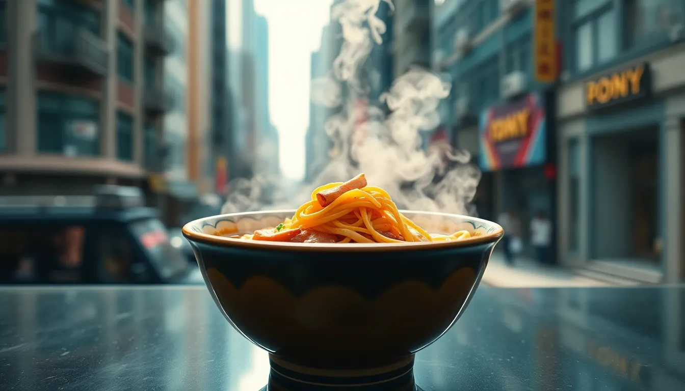 Steaming Bowl of Ramen in Urban Setting