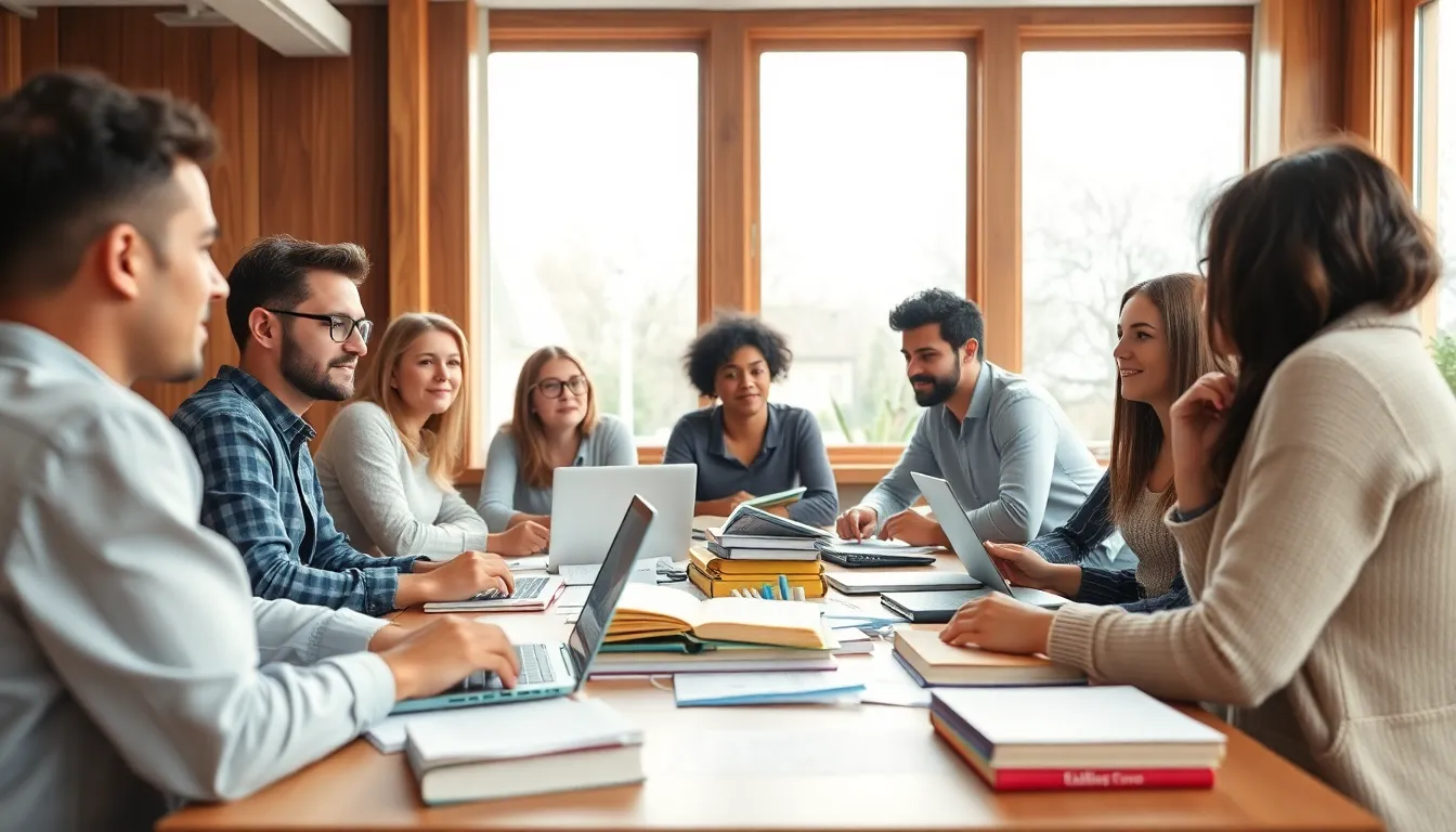 This image depicts a diverse group of young adults deeply engaged in a study session around a wooden table. The bright, diffused daylight filters through large windows, creating a warm and inviting environment. Papers, books, and laptops create a dynamic study atmosphere. The composition showcases the interaction and collaboration among the students, highlighting the importance of group learning in education.