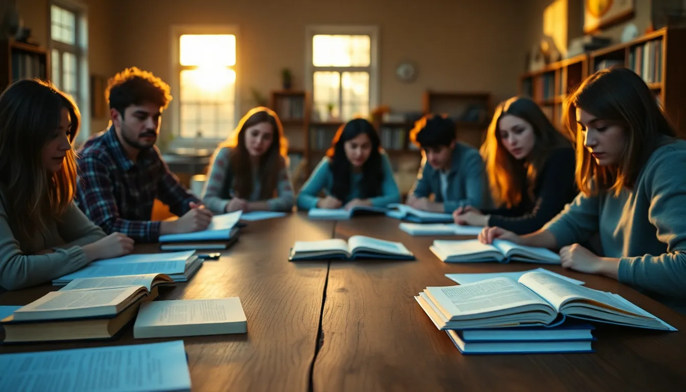 A vibrant study group of diverse students gathered around a large wooden table, engaged in collaborative learning. The warm golden hour light bathes the scene, casting inviting shadows and highlighting the textures of their notes and textbooks. The atmosphere is lively and focused, showcasing the dynamic exchange of ideas through animated discussions. The soft bokeh in the background emphasizes their interactions, making the moment feel intimate yet expansive.