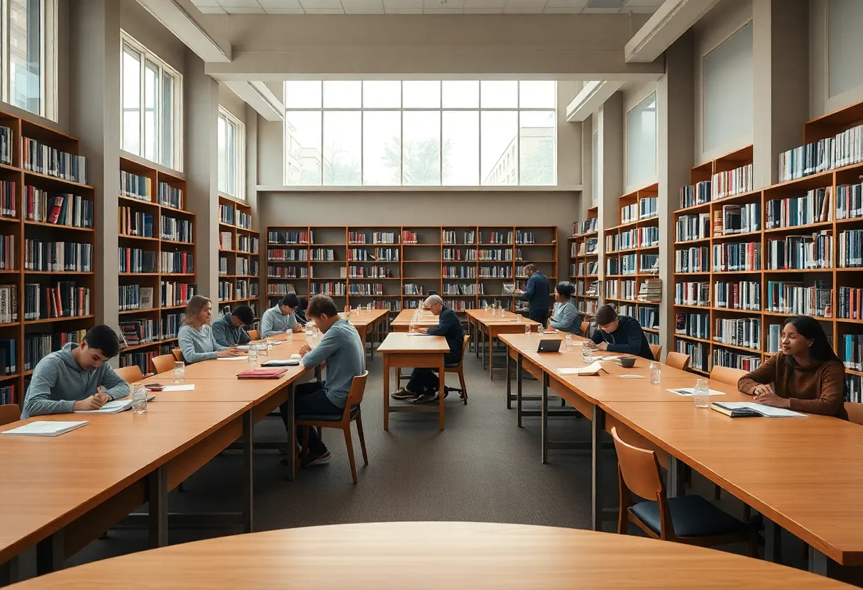 This serene image depicts students focused on their studies in a bright and airy study room. The overcast daylight floods through expansive windows, providing soft illumination that highlights the textures of the environment. Each student appears engaged with their books and materials, creating an atmosphere of concentration and productivity. With natural muted tones and sharp focus, the scene captures the essence of an educational space conducive to learning.