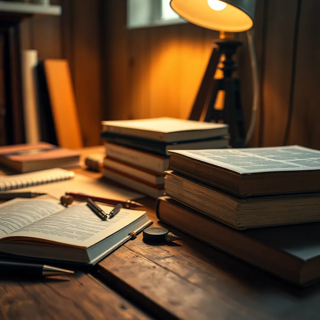 Artistic Study Materials on Rustic Desk A serene close-up view of study materials beautifully arranged on a rustic wooden desk, illuminated by warm tungsten light. The inviting glow highlights the rich textures of the books and scattered stationery, evoking a sense of comfort and focus in study. With a purposely shallow depth of field, the scene immerses the viewer in the artistic details of the study environment, making it a perfect representation of academic dedication.