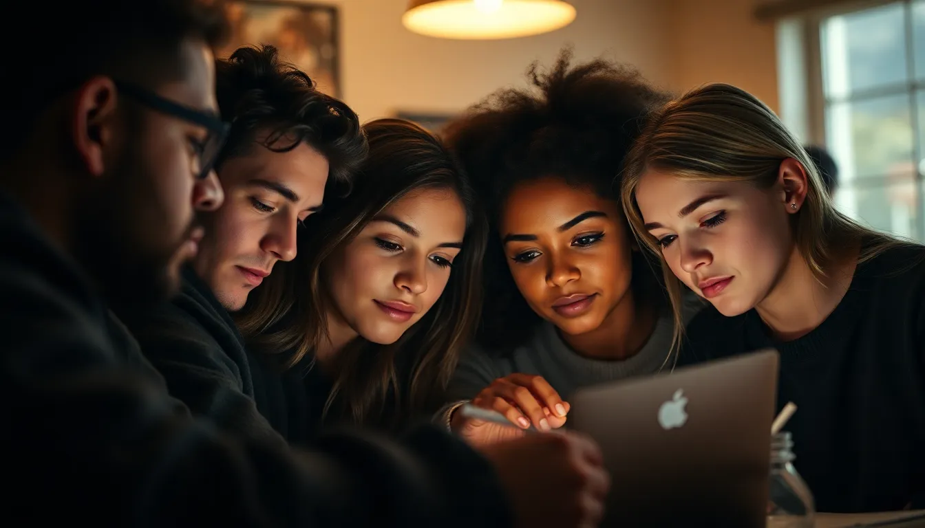 This intimate image captures a focused study group engaged in collaborative project work. The soft Rembrandt lighting highlights their expressions, creating a warm and inviting atmosphere. Surrounded by papers and books, the students are immersed in discussion, conveying teamwork and creativity. The rich color palette enhances the cozy feel of their workspace, while the shallow depth of field draws the viewer's eye to their intent faces, showcasing the collaborative spirit of education.