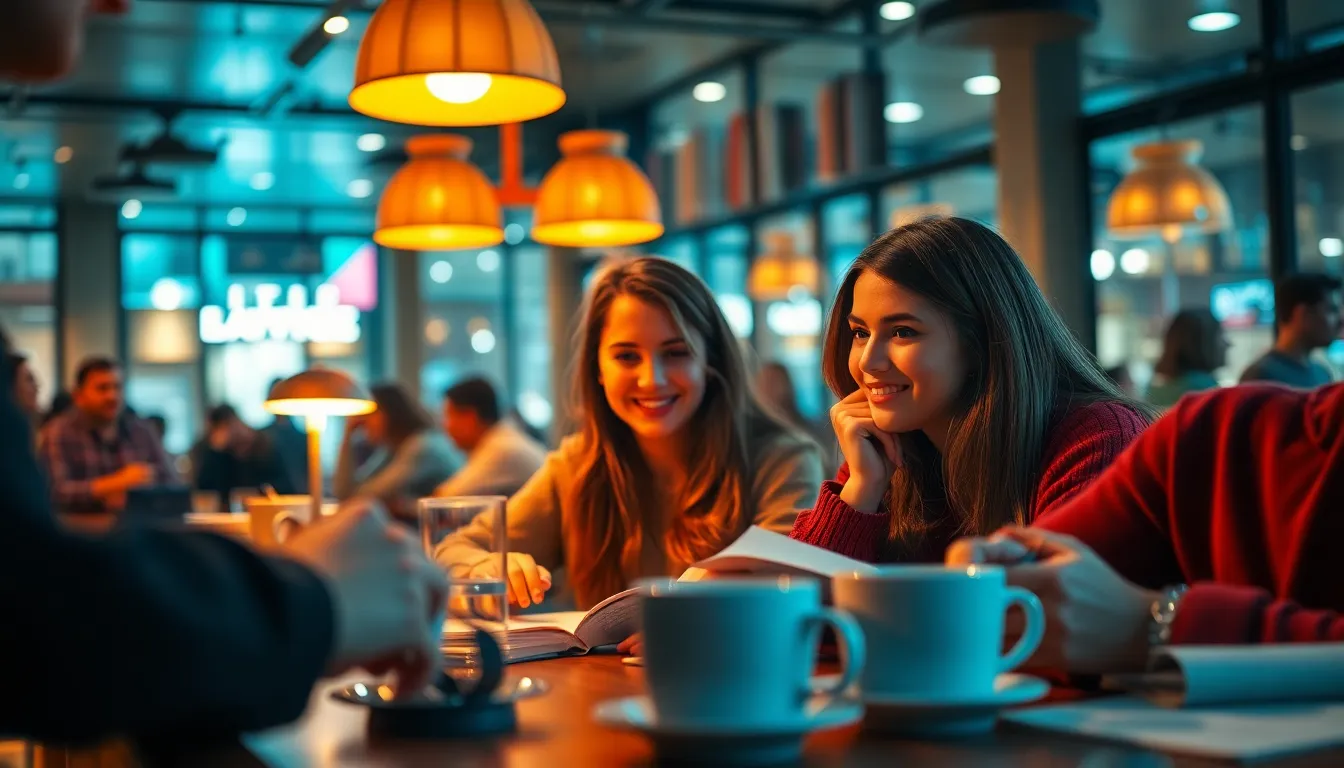This vibrant image captures a lively study group immersed in their work at a bustling café. Warm tungsten lighting highlights their animated expressions as they engage in discussion, with coffee cups and textbooks scattered around. The shallow depth of field creates a sense of intimacy, focusing on the group while blurring the busy café background. The cinematic color grading adds a modern feel to the scene, making it a perfect representation of contemporary student life.