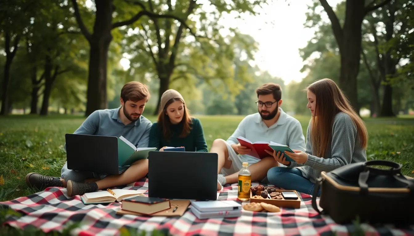 A lively outdoor study group is enjoying a sunny day in the park, gathered on a colorful picnic blanket. The scene features students sharing snacks, notebooks, and laptops, embodying a friendly atmosphere. The soft bokeh of greenery in the background creates a tranquil yet engaging vibe. With a unique Dutch angle composition, the image captures the essence of collaboration and relaxation in a fresh environment.