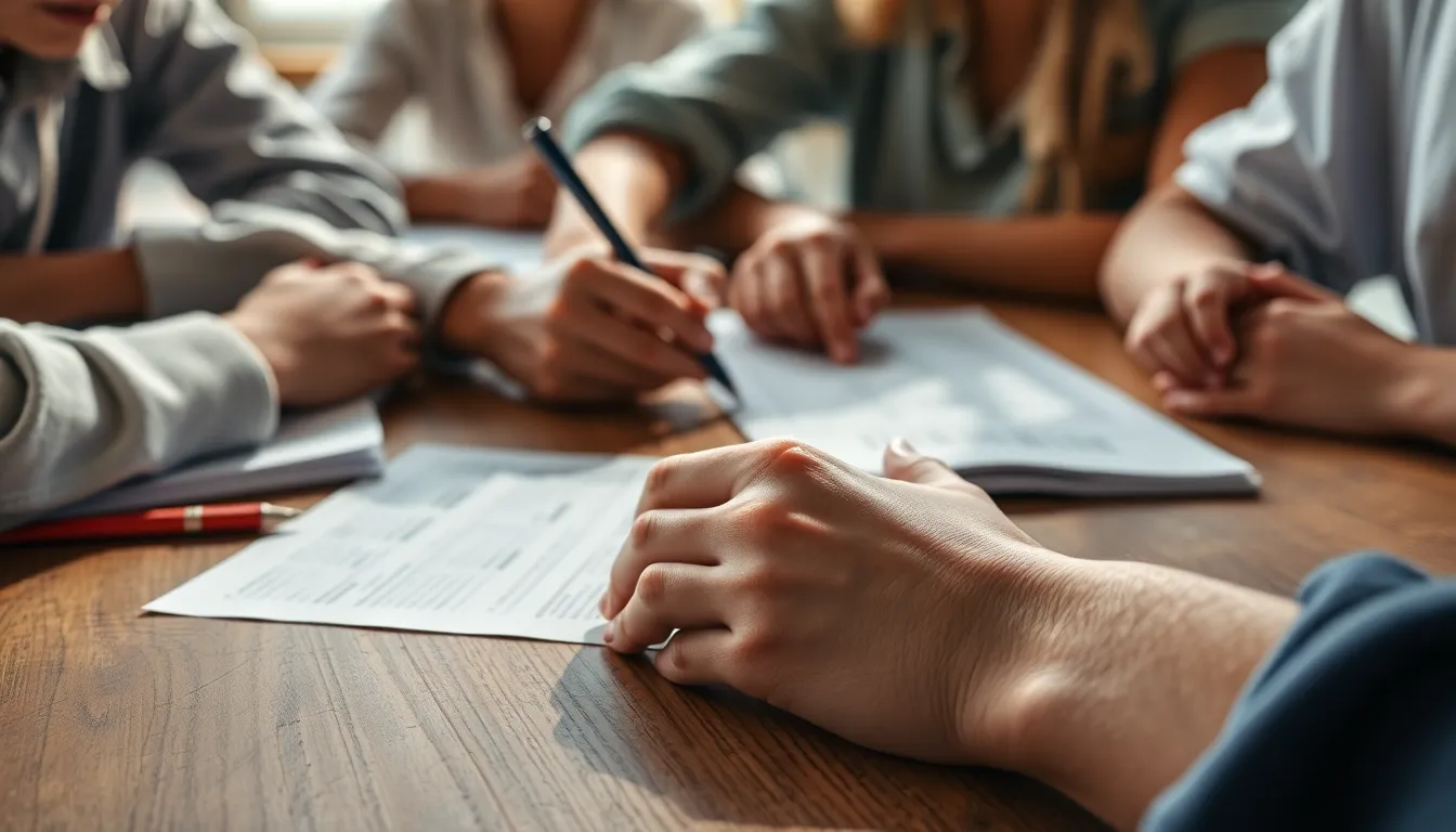 This close-up shot focuses on students' hands working collaboratively over an array of study materials laid out on a textured wooden table. Natural daylight softly illuminates the scene, highlighting the rich textures of paper and wood while casting gentle shadows. The muted earthy color palette reflects a calm and focused learning atmosphere. The composition captures the essence of teamwork by showcasing the interaction and shared effort of students immersed in study.