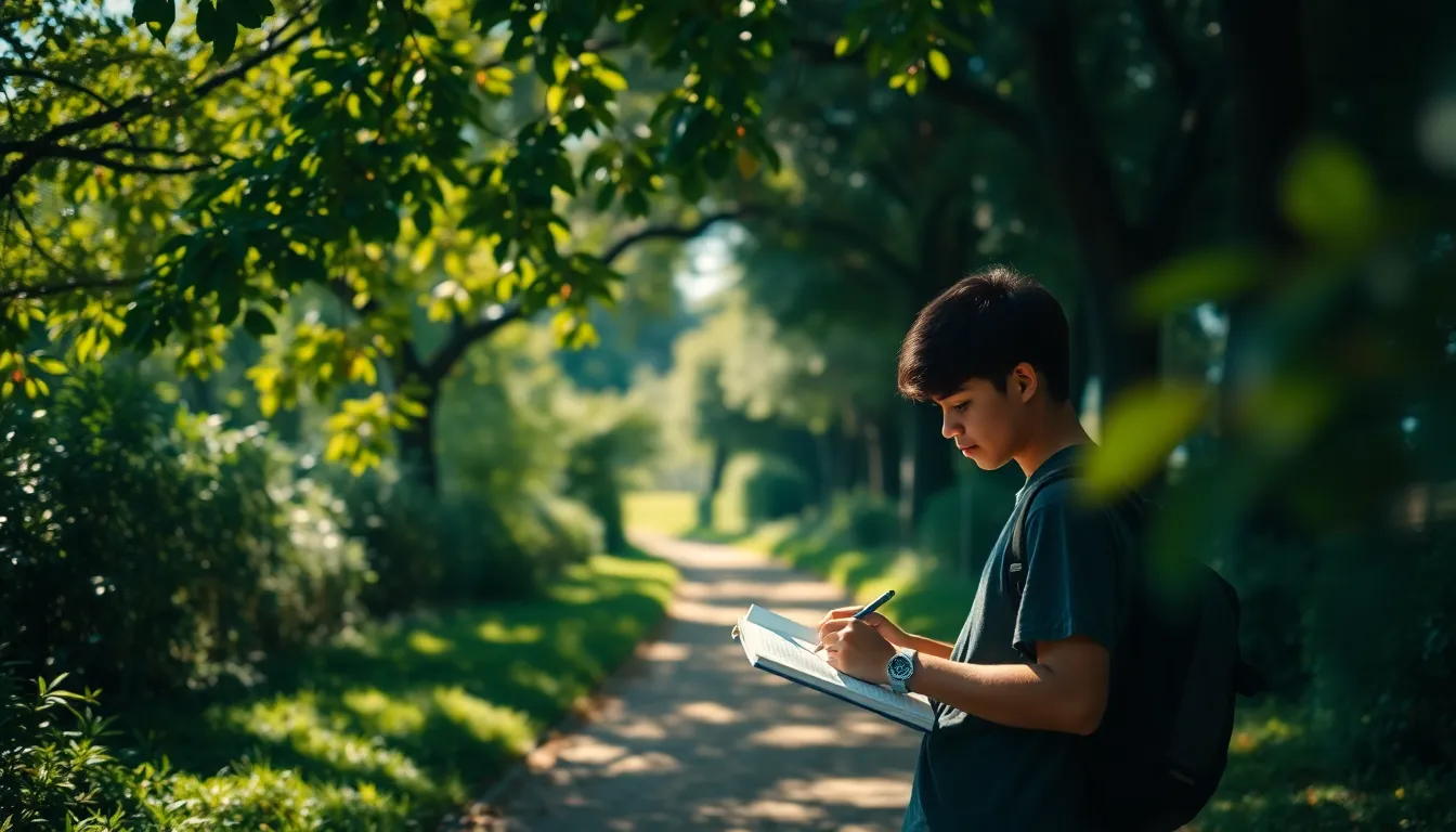 This serene image captures a student in deep concentration as they sketch ideas in a notebook, surrounded by the calming embrace of nature. Dappled sunlight creates beautiful patterns on the ground, complementing the tranquil atmosphere. The image invites viewers into a moment of creativity and inspiration in the great outdoors, showcasing the beauty of learning outside traditional settings.