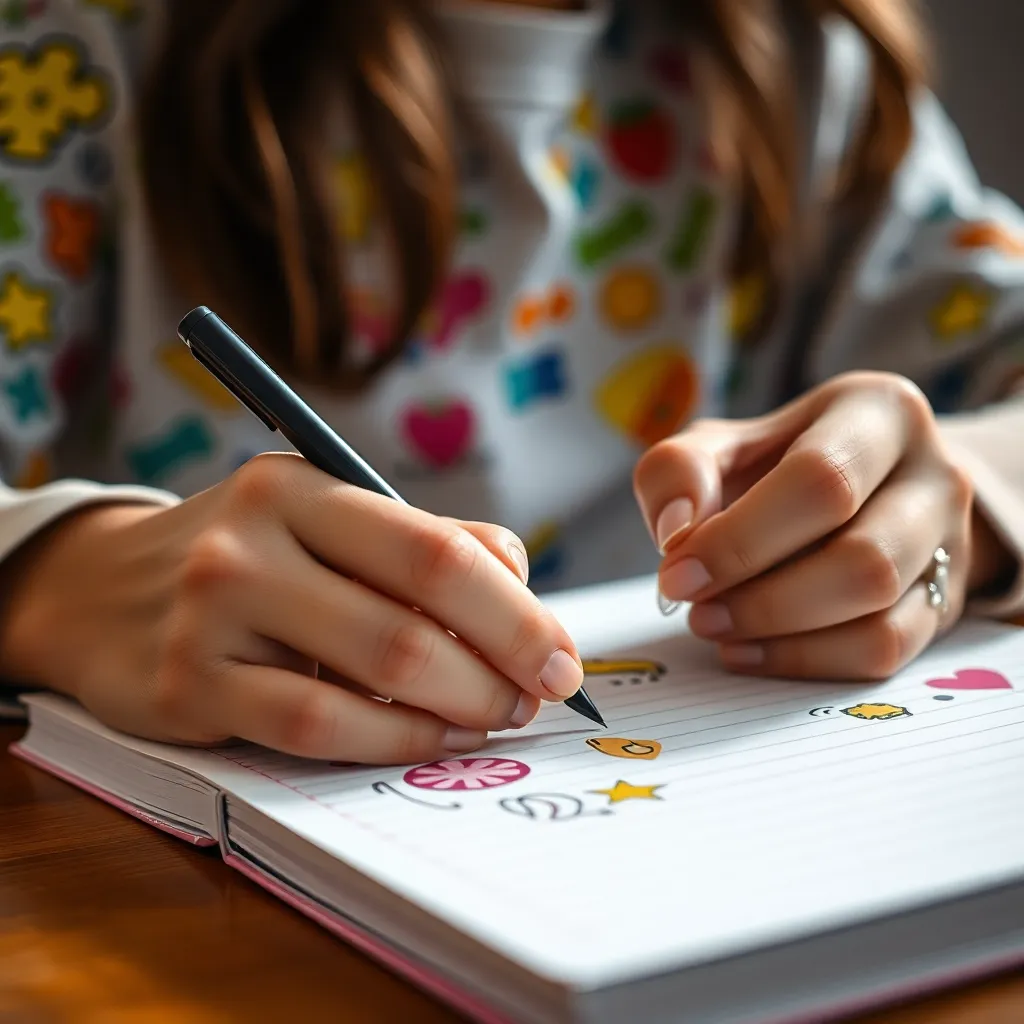 This intimate close-up image showcases a student's hands industriously taking notes in a colorful notebook adorned with stickers and doodles. The soft diffused daylight highlights the vibrant hues of the stationary and the fluidity of the handwriting. With a shallow depth of field focusing on the hands and notebook, the scene evokes a sense of personal engagement and creativity in learning. The rich textures of the notebook and pen add to the tactile experience portrayed in this macro shot.