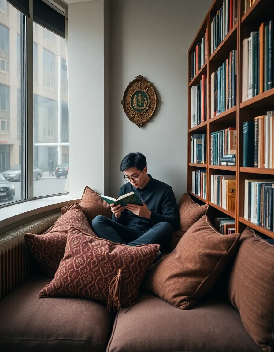 Set in a stylish study nook, this inviting image features a single student deeply immersed in reading a book. Overcast daylight creates a gentle, even lighting that enhances the natural muted tones of the space, filled with earthy colors. The focus on the student and the surrounding study materials highlights this cozy environment, with plush cushions and a textured wooden bookshelf adding warmth. This scene embodies the joy of quiet study moments and a love for learning.