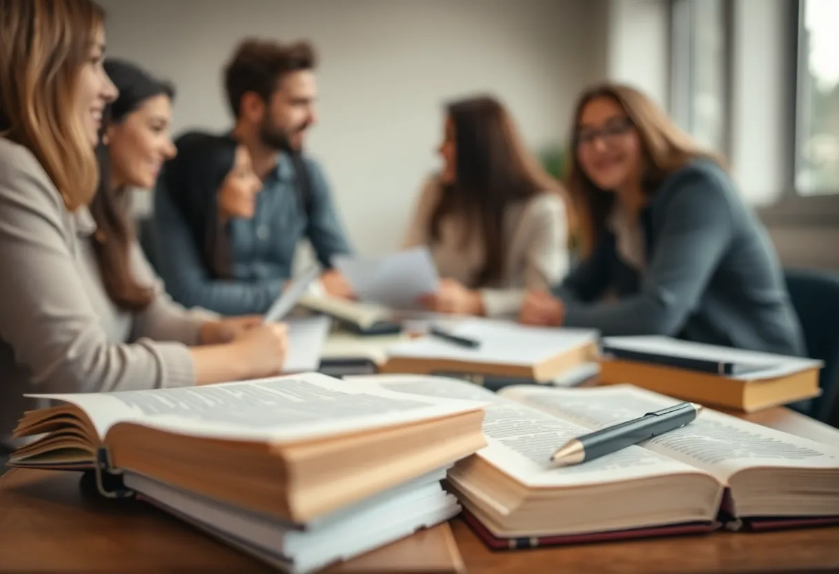 A close-up view capturing the study materials during a group session, featuring notes and textbooks in sharp focus while students are softly blurred in the background. The overcast light provides an even, diffused glow, creating a calming atmosphere. The natural muted tones enhance the focus on the materials, while the rule of thirds composition brings attention to the intricate textures of paper and stationery items. This intimate perspective emphasizes the importance of collaboration and shared knowledge.