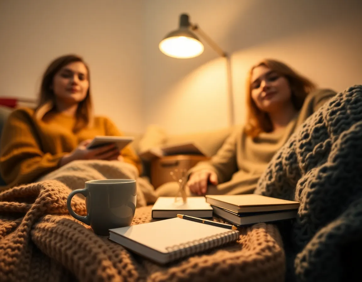 A cozy study scene featuring students lounging comfortably on a couch, surrounded by coffee cups and notebooks. The warm light from a tungsten lamp creates a relaxed atmosphere, inviting creativity and conversation. Focused on the textural elements, the soft knit blankets and plush pillows add comfort, while shallow depth of field draws attention to the study materials. This intimate environment showcases the joy of collaborative learning.