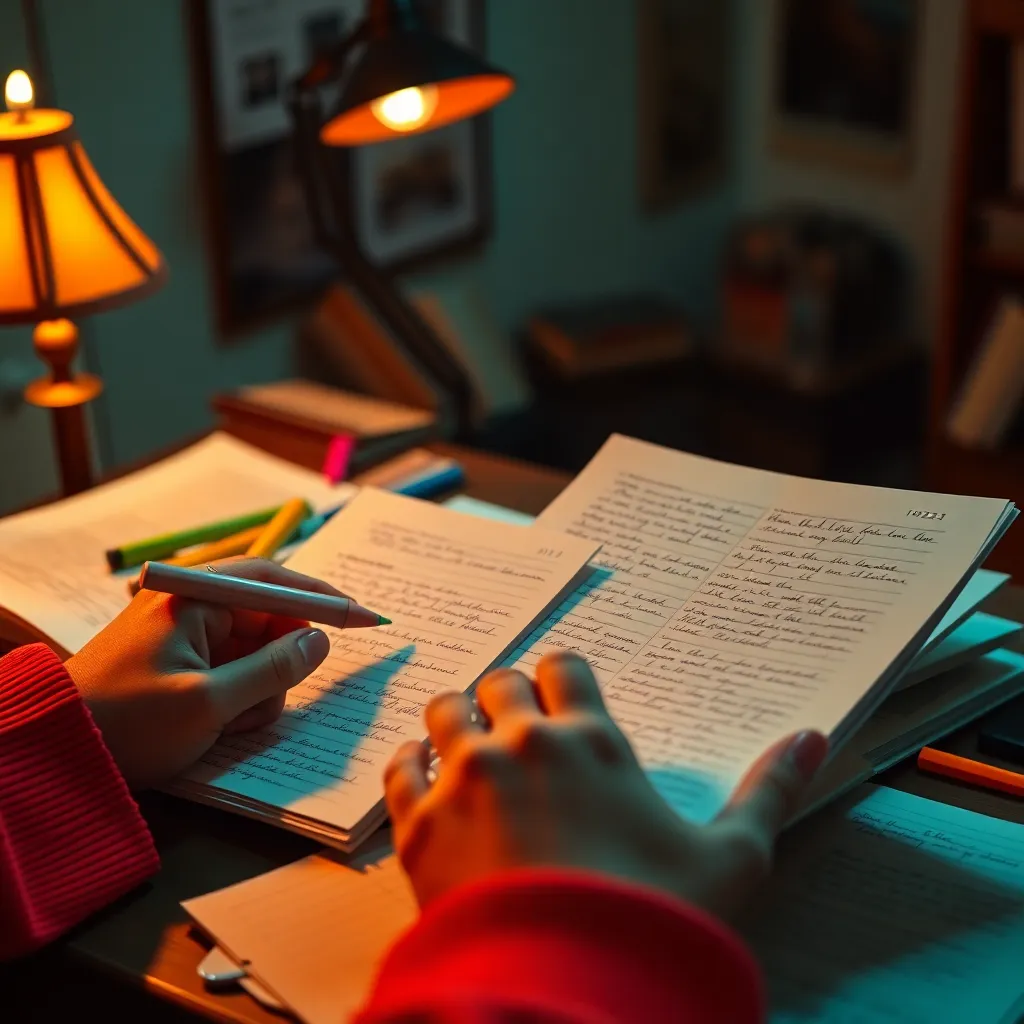 This close-up image showcases an intimate study scene featuring detailed handwritten notes and colorful highlighters illuminated by warm tungsten lighting. The shallow depth of field draws attention to the vibrant colors and textures while softly blurring the background. The teal and orange color grading provides a cinematic feel, enhancing the mood of productivity. This composition captures an active learning environment, highlighting the beauty found in study materials and student engagement.