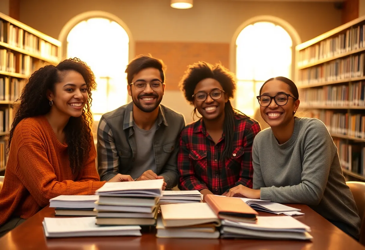 A group of four diverse students is joyfully collaborating at a library table, surrounded by a mountain of books and study materials. Golden hour backlighting creates a warm glow, enhancing their natural expressions and skin tones. The the scene captures their camaraderie and engagement with one another. The centered composition and clear details highlight the academic atmosphere filled with energy and creativity.