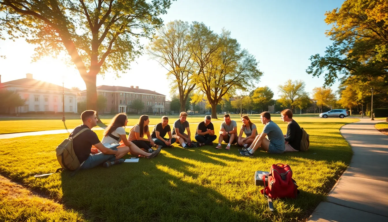 This lively panoramic image captures students learning together outdoors on a college campus on a sunny day. The golden hour light bathes the scene in warmth, enhancing the vibrant colors of the students' clothing and the surrounding environment. Gathered in a circle with books and backpacks, the group conveys a sense of community and collaborative learning. The sharp focus across the entire composition captures the energetic atmosphere and the varied textures of the grass and pathways.