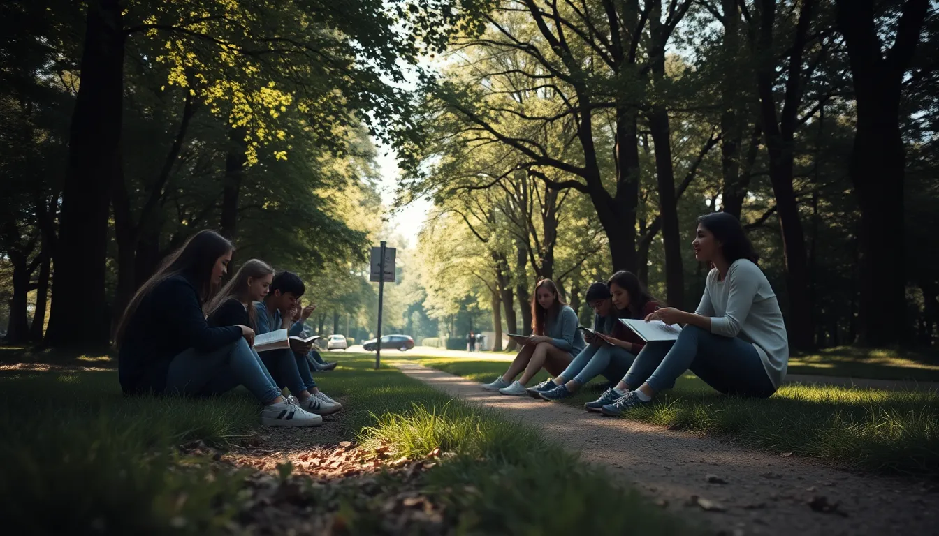 A group of students gathers on a grassy pathway in a park, immersed in their studies with laptops and books spread out before them. The dappled sunlight filtering through the trees creates a soothing ambiance, highlighting the natural elements around them. The muted color palette reinforces the tranquil outdoor setting, while the sharp details of grass and the path lead the viewer’s eye toward the group, enhancing the connection to nature.