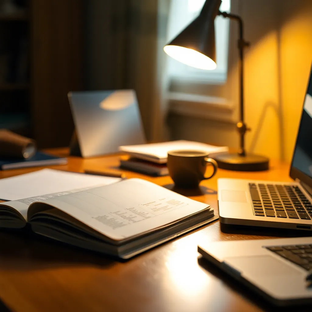 This close-up image presents a cozy study setup featuring an open book, stationery, and a warm cup of coffee on a polished desk. The soft glow from a desk lamp casts inviting light across the scene, emphasizing the rich textures of the materials. The shallow depth of field brings focus to the intricate details of the textured paper and ceramic, while the warm tones create a soothing atmosphere perfect for study sessions. This image captures the essence of focused learning in a comfortable environment.