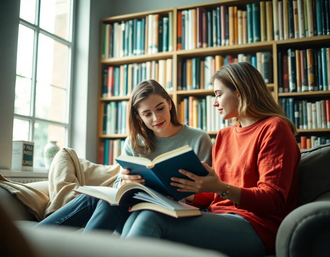 In this cozy library corner, two students engage in an intellectual exchange over an open book. The soft diffused daylight creates a serene ambiance, accentuating the rich textures of the books and soft furnishings around them. A carefully crafted composition emphasizes the diagonal lines of their interaction, while the muted color palette contributes to the scholarly atmosphere. This image beautifully captures the essence of collaborative learning in a nurturing environment.