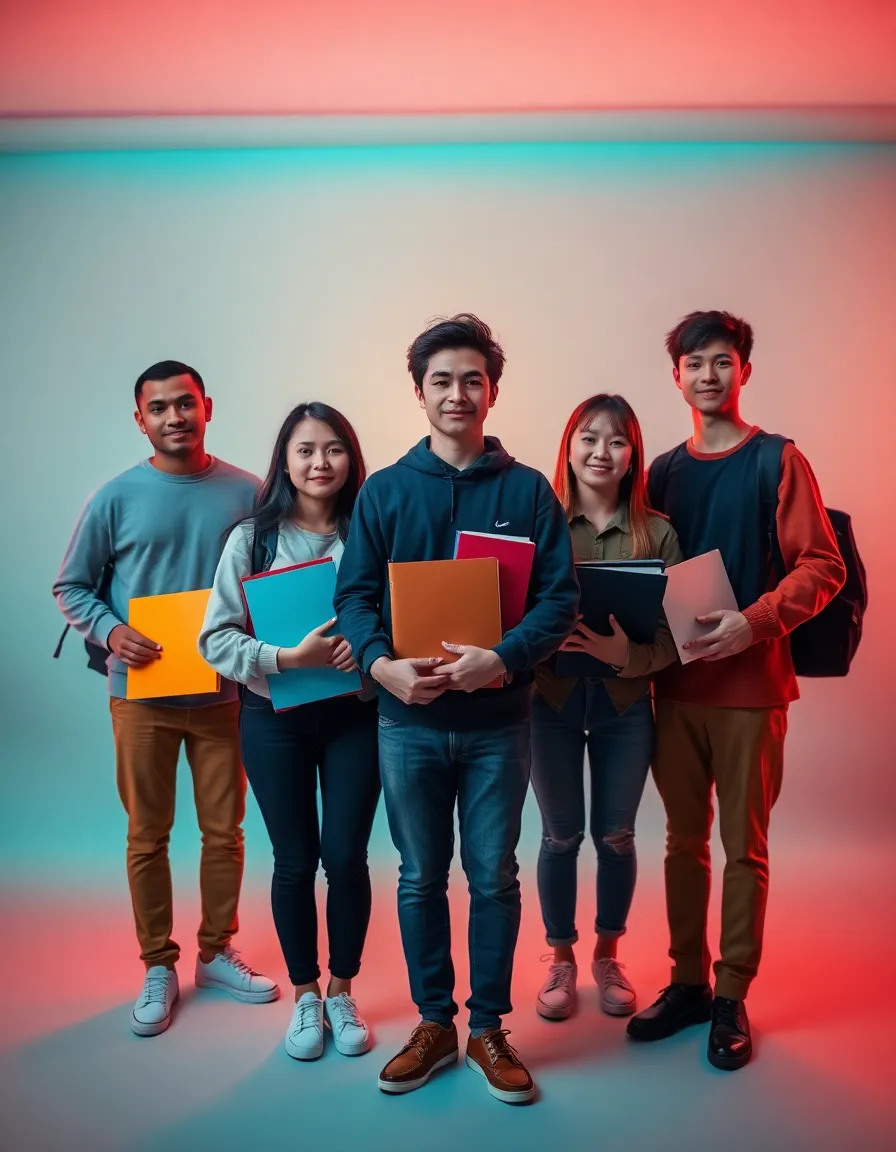 A modern studio scene featuring a diverse group of students posed around their study materials, illuminated by a carefully arranged three-point lighting setup. The cinematic teal and orange color grading adds vibrancy to the image, while the centered symmetrical composition highlights the camaraderie among the students. The image showcases the textures of their clothing and the smooth surfaces of folders and books, creating a polished yet relatable atmosphere emphasizing their academic pursuits.