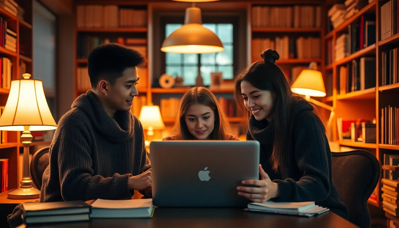 This intimate scene showcases a cozy indoor study group gathered around a laptop, illuminated by the soft glow of warm desk lamps. The inviting amber tones create a snug ambiance, making it an ideal space for collaboration and learning. The students, deeply engaged in discussion and sharing ideas, portray a sense of teamwork and connection. The background, filled with bookshelves and study materials, softly blurs, drawing attention to the focused expressions of the group members.