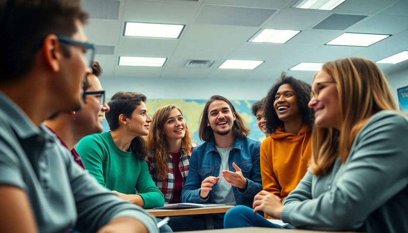 In this vibrant classroom scene, a diverse group of students engages in a passionate discussion, surrounded by modern educational tools and decor. Overhead fluorescent lights create a bright and energizing atmosphere, with the lively color palette reflecting the students' enthusiasm. A dynamic Dutch angle composition adds a sense of motion and engagement to their animated expressions. The shallow depth of field ensures that the students are sharply in focus while the background softly blurs, emphasizing the energy of the dialogue.