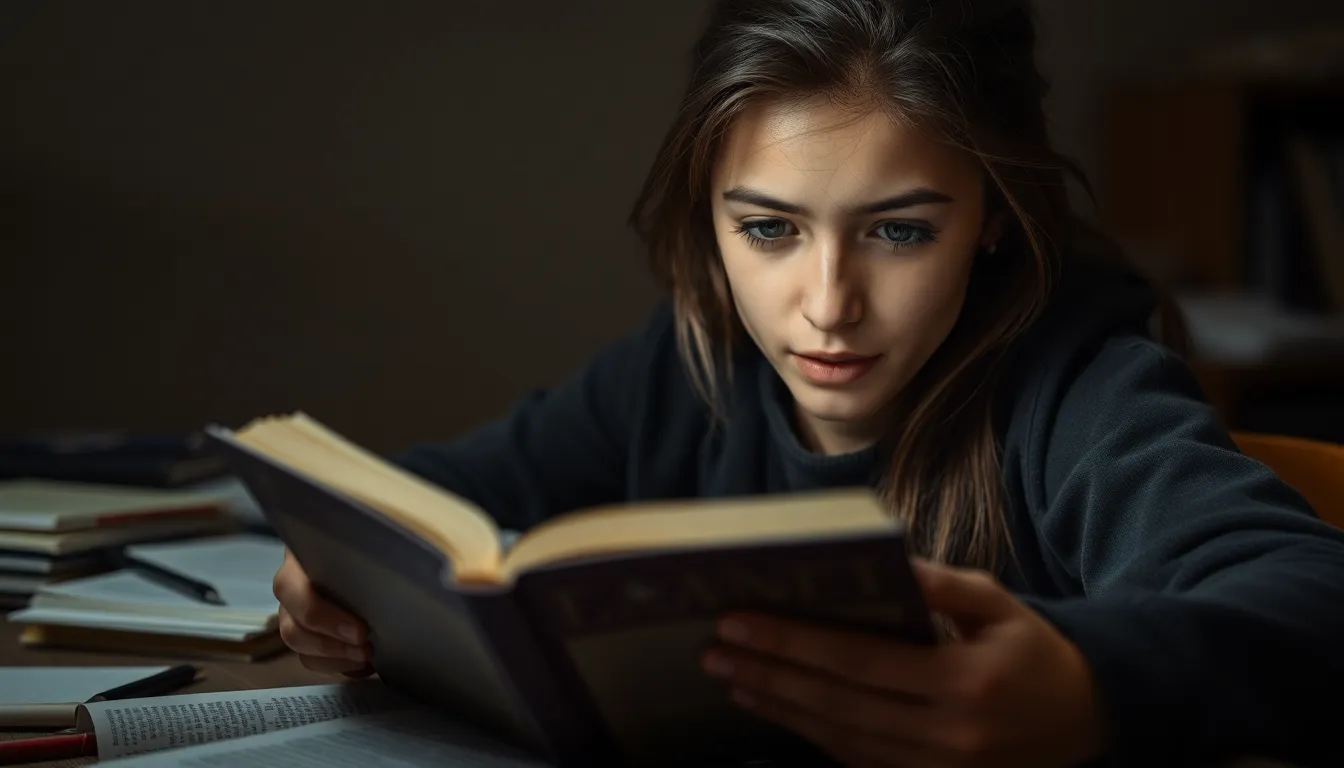 This striking portrait captures a student fully immersed in a textbook, illuminated by dramatic Rembrandt lighting that beautifully highlights their focused expression. The soft textures of the desk materials and the subtle bokeh in the background draw attention to the subject's dedication to learning. This image resonates with the seriousness of academic pursuit while revealing the beauty of the studying process.