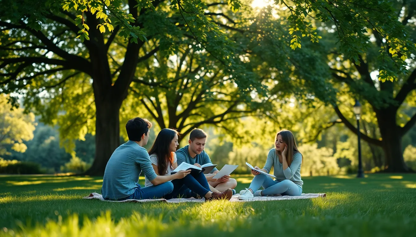 This vibrant outdoor scene features a study group seated on a blanket beneath a lush tree canopy. Dappled sunlight filters through the leaves, creating a magical bokeh effect around the students as they engage in discussion. The saturated colors inspired by Fujifilm Velvia enhance the greens of nature and the warm tones of their clothing. The composition utilizes leading lines from the branches, drawing the viewer's eye to the lively interaction of the group.