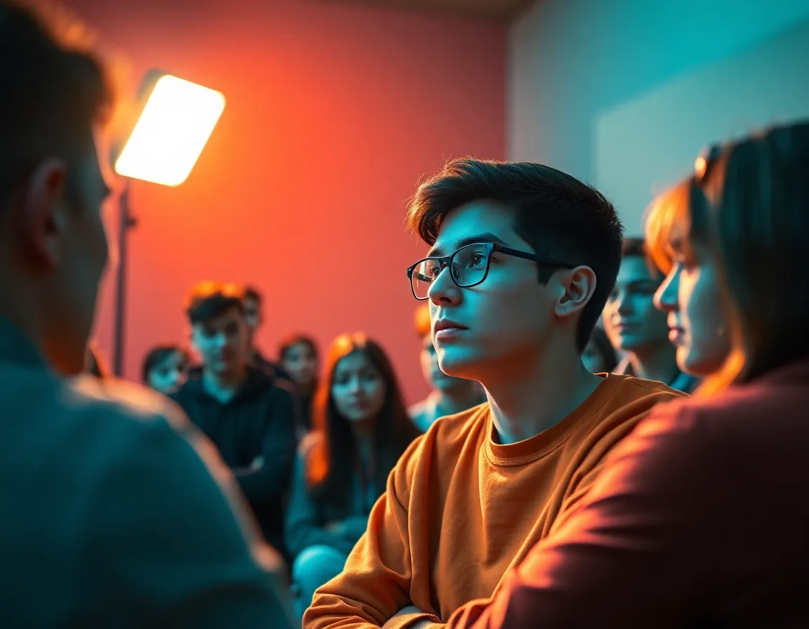 This striking image captures a moment during an intense study session in a modern classroom. A single student passionately explains a concept, drawing the attention of their peers who listen intently in the softly illuminated background. The dramatic lighting adds a sense of urgency, while the cinematic color grading emphasizes the focus on the speaker. The details of their facial expressions and clothing textures enhance the overall engaging atmosphere of academic collaboration.