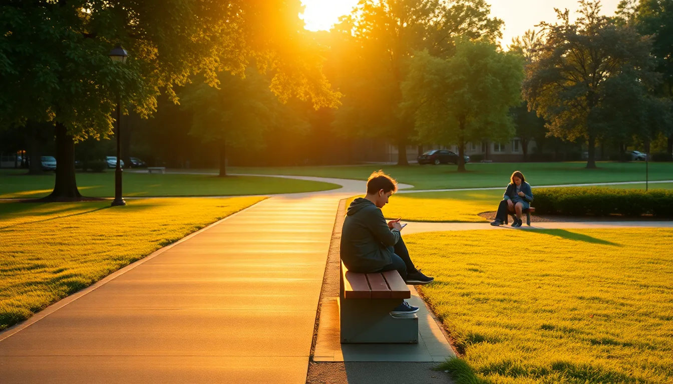 An outdoor study group enjoying the golden hour, seated on a grassy lawn with vibrant light casting warm rim highlights. The scene captures the camaraderie of students discussing their work, with a picturesque background rich in greens and warm golden hues. The leading lines of the grass guide the viewer's focus towards the group, while the shallow depth of field softens the background. Textures of clothing and the grass add depth to the overall image.