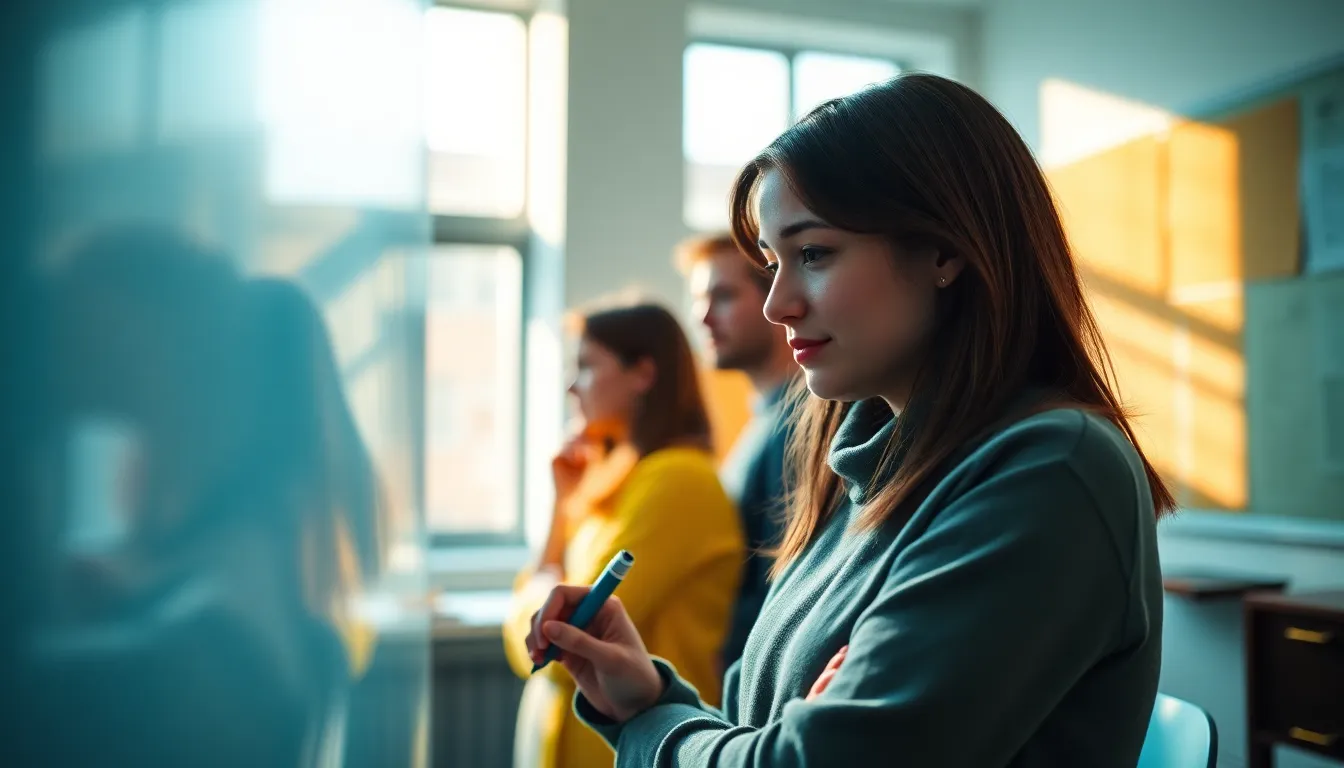 A student stands confidently at a whiteboard during a study group session, passionately sharing ideas while peers listen attentively. The soft daylight filters through large windows, creating a serene yet dynamic environment. The teal and orange grading enhances the scene's warmth, directing focus on the presenter. The textures of the whiteboard and surrounding notes create an authentic academic atmosphere.