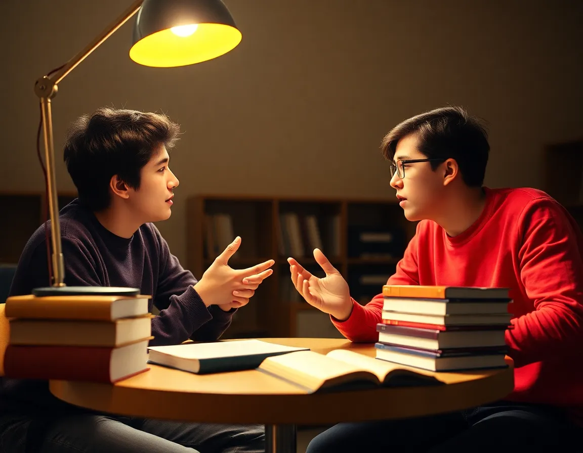 Two students are deeply engaged in discussion at a small round table, illuminated by the warm glow of a desk lamp. One student is passionately explaining a concept while the other listens with rapt attention. The scene is rich in texture with books and study materials scattered around, creating a focused yet cozy atmosphere. The warm colors and sharp detailing capture the intensity of their study session.