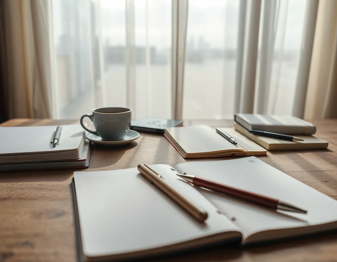A hyper-detailed macro shot of study materials scattered across a textured wooden desk. Soft, diffused natural light enhances the serene atmosphere, inviting one to delve into learning. The subtle colors of the notebooks and stationery bring warmth, while the intricate details of each item pull the viewer into the scene. This image beautifully captures the essence of a focused study session.