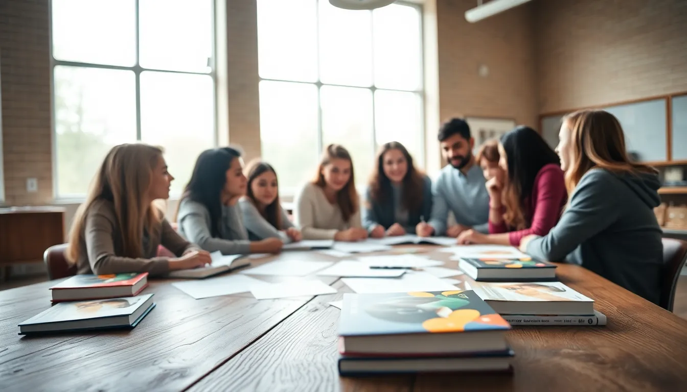 This image captures a diverse group of students engaged in a study session around a wooden table, bathed in gentle, diffused daylight. Papers and colorful textbooks are spread out, reflecting their commitment to collaboration. The soft bokeh in the background emphasizes their focused expressions, highlighting a moment of teamwork and academic exploration in a relaxed environment.