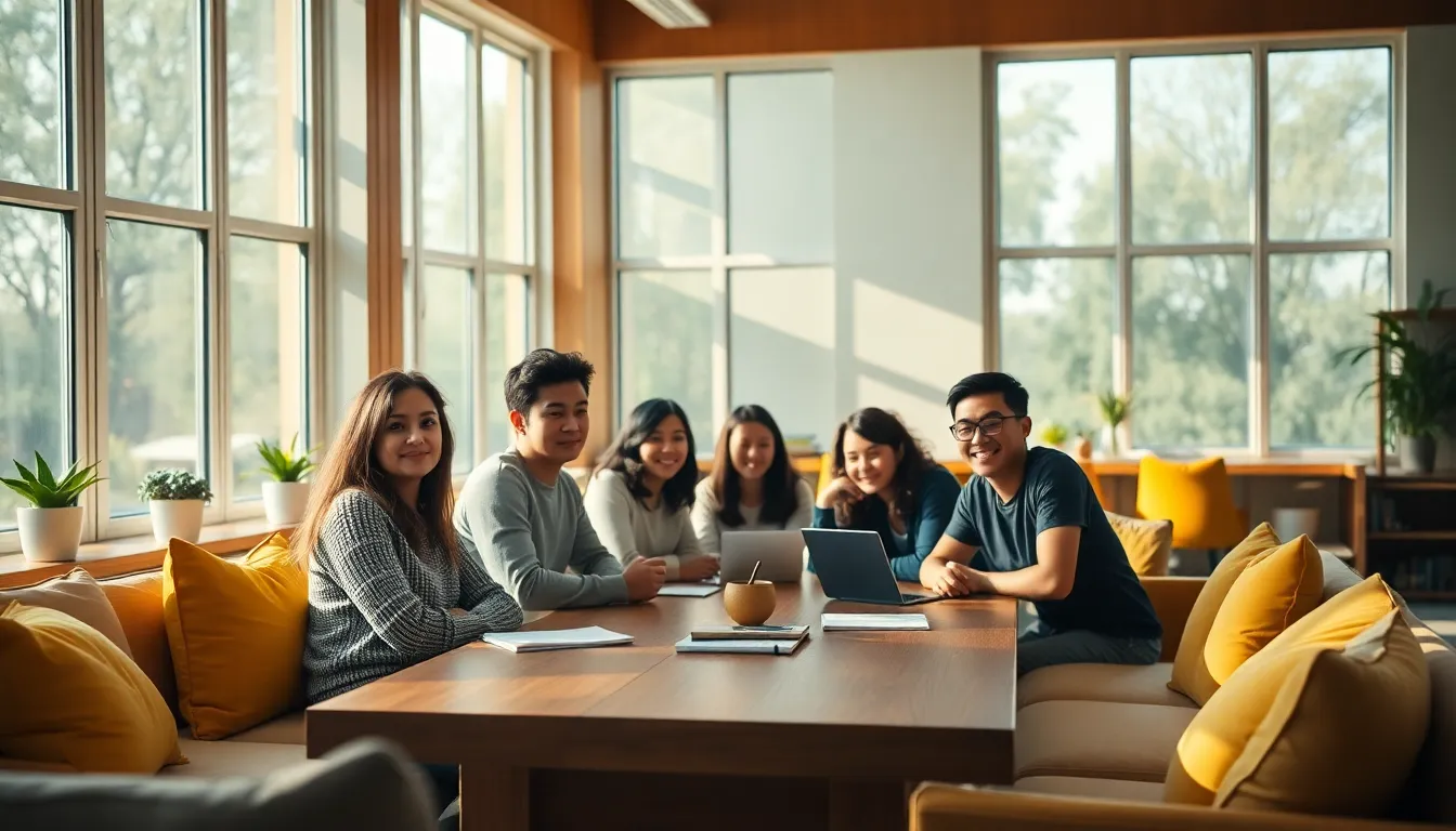 This vibrant scene captures a diverse group of students engaged in a collaborative study session in a bright, inviting room. Natural light filters through large windows, illuminating warm wooden surfaces and colorful cushions. The group, consisting of individuals from various backgrounds, showcases animated expressions and gestures, emphasizing teamwork and creativity. The background softly blurs into a soothing bokeh, enhancing the focus on their interaction and the study materials spread across the table.