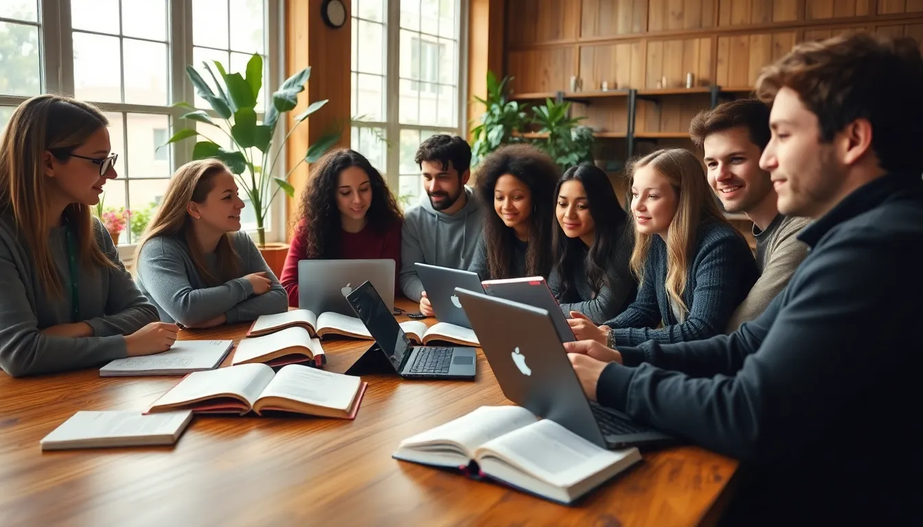 This photorealistic image depicts a diverse group of students collaborating in a study group around a large oak table. The gentle overcast light creates a cozy atmosphere, while the warm color palette enhances the inviting mood. Students of various backgrounds engage actively with their textbooks and laptops, showcasing teamwork. The finely detailed textures of the wood table and fabric add depth to the scene.